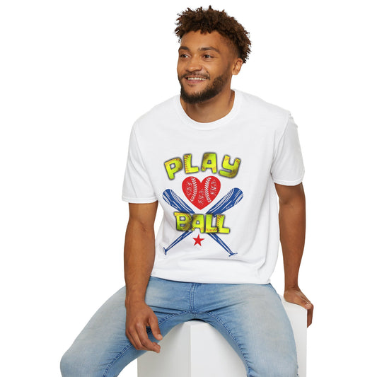 Play Ball Heart Softball Unisex Softstyle T-Shirt