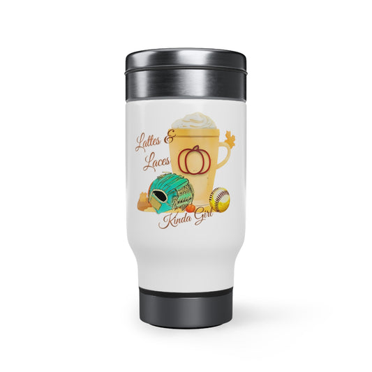 Lattes & Laces Kinda Girl Softball Fall Coffee Stainless Steel Travel Mug with Handle, 14oz